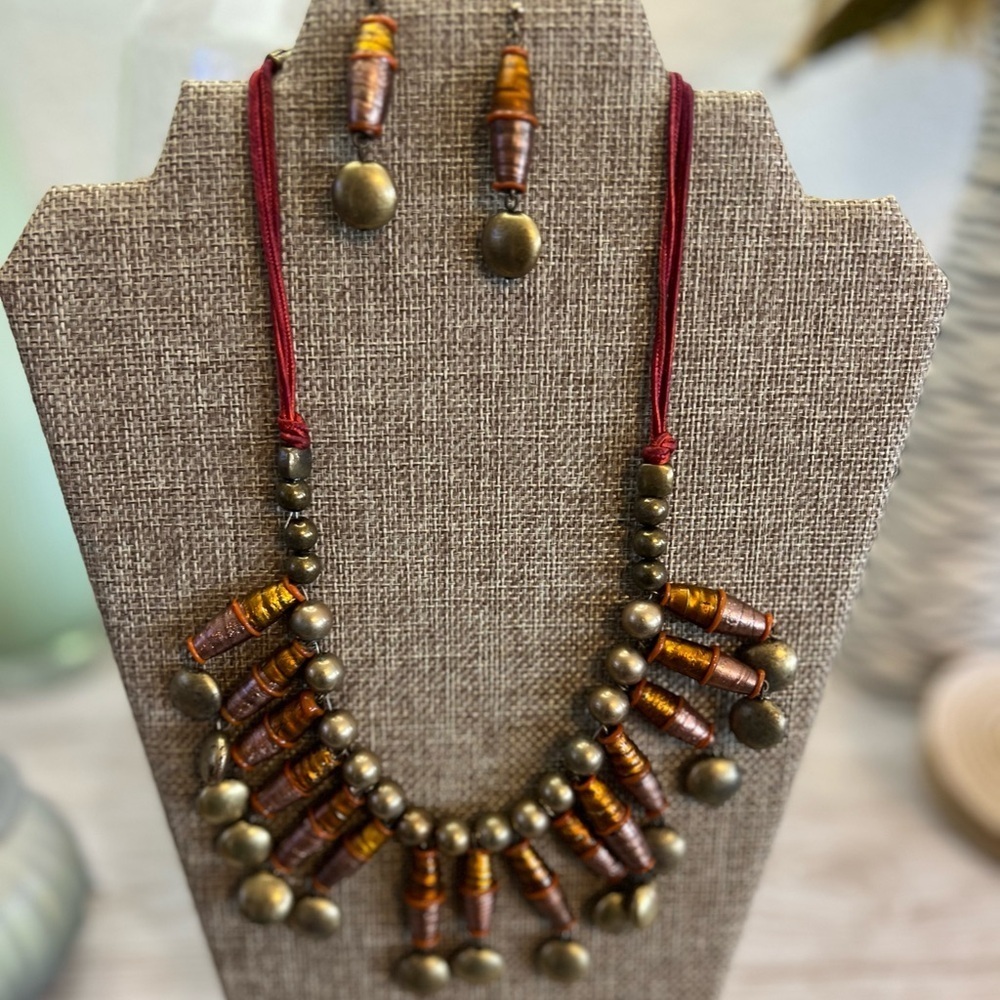 Orange Brown Beaded Statement Necklace Earth Tone Boho Jewelry